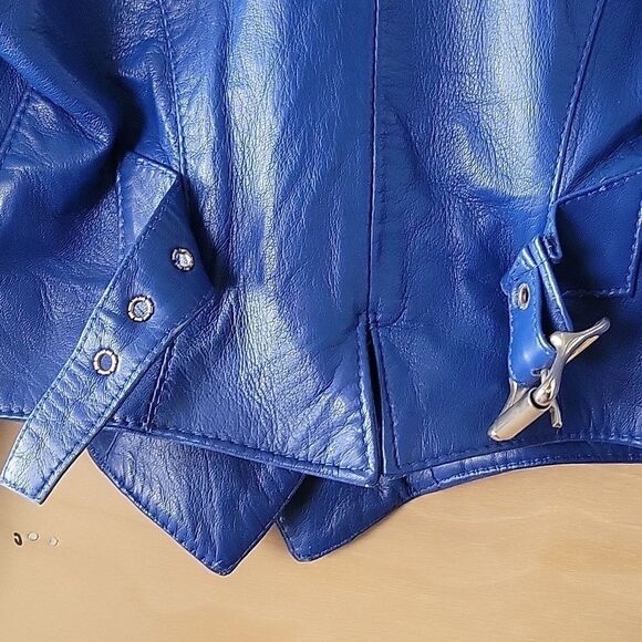 VTG Michael Hoban North Beach XS S 80s Blue Leather Jacket Cropped Peplum Moto - Picture 12 of 15